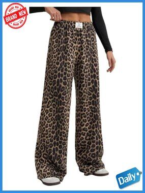 Women's Leopard Print Baggy Tall Pants Wide Leg Palazzo Elastic Waist Casual